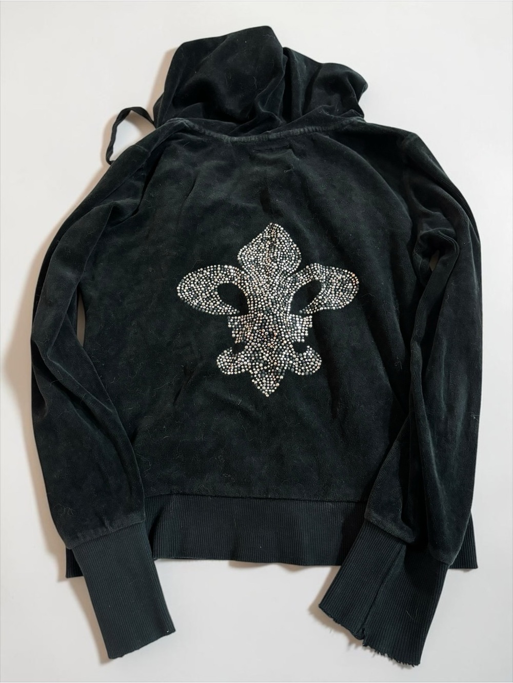 Y2K Velour Zip Hoodie Black Rhinestone Fleur De Lis Sweatshirt Vintage Sporty S